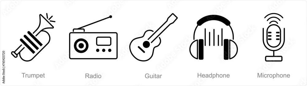 A set of 5 Music icons as trumpet, radio, guitar A set of 5 Music icons as trumpet, radio, guitar