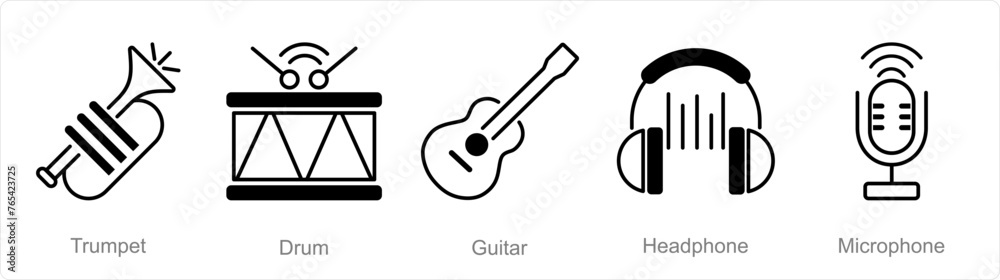 A set of 5 Music icons as trumpet, drum, guitar A set of 5 Music icons as trumpet, drum, guitar