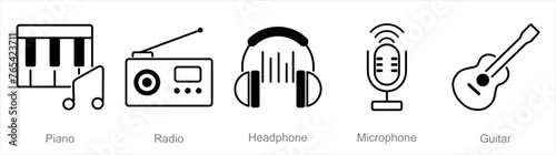 A set of 5 Music icons as piano, radio, headphone