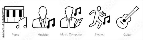 A set of 5 Music icons as piano, musician, music composer