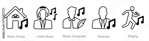 A set of 5 Music icons as music house, listen music, music composer