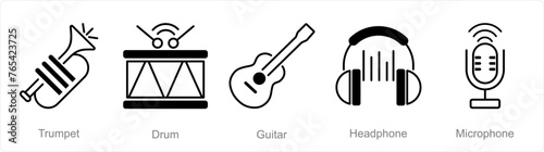 A set of 5 Music icons as trumpet, drum, guitar