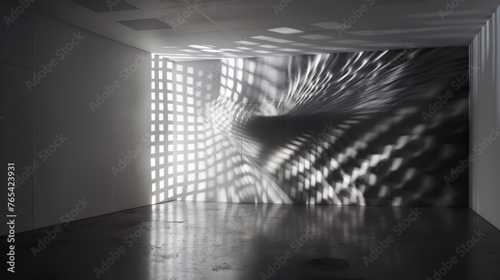 Fototapeta premium Design space with smooth floors and convex sharp walls. Projection of visual dynamic effects from smooth spreading lines. Exhibition object, digital work of art.