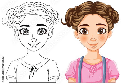 Black and white beside colored girl illustration.