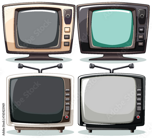 Four retro TVs with different screen colors.