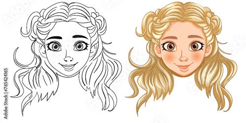 Vector illustration of a girl, line art and colored version.