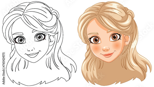 Line art and colored illustration of a girl
