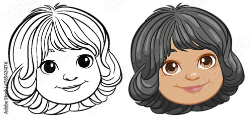 Two cartoon girl faces with different hairstyles.