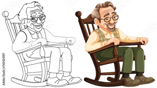 Two happy senior men sitting in rocking chairs.