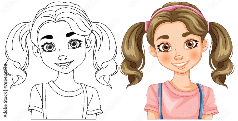 Vector illustration of a girl, before and after coloring Vector illustration of a girl, before and after coloring