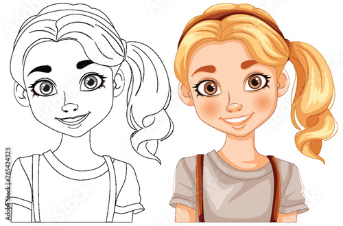 Black and white and colored vector illustrations of a girl