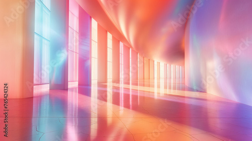 Futuristic space with platform and steps. Corridor on a spaceship with luminous arches. Beautiful purple-orange lighting. Background for design and promotion. Calming colors.