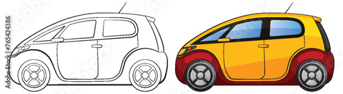 Outlined and colored compact car drawings side by side.