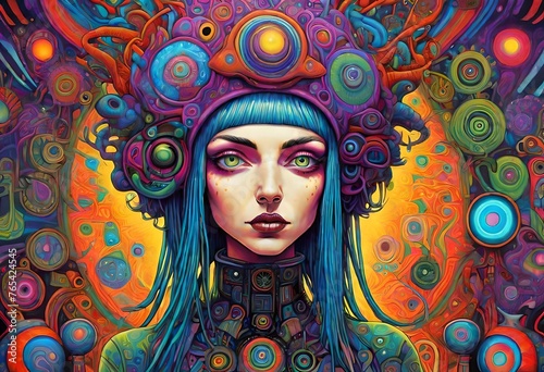 a punk woman psychedelic,  visionary art, goddess, android, psychedelic, art nouveau,  psytrance photo
