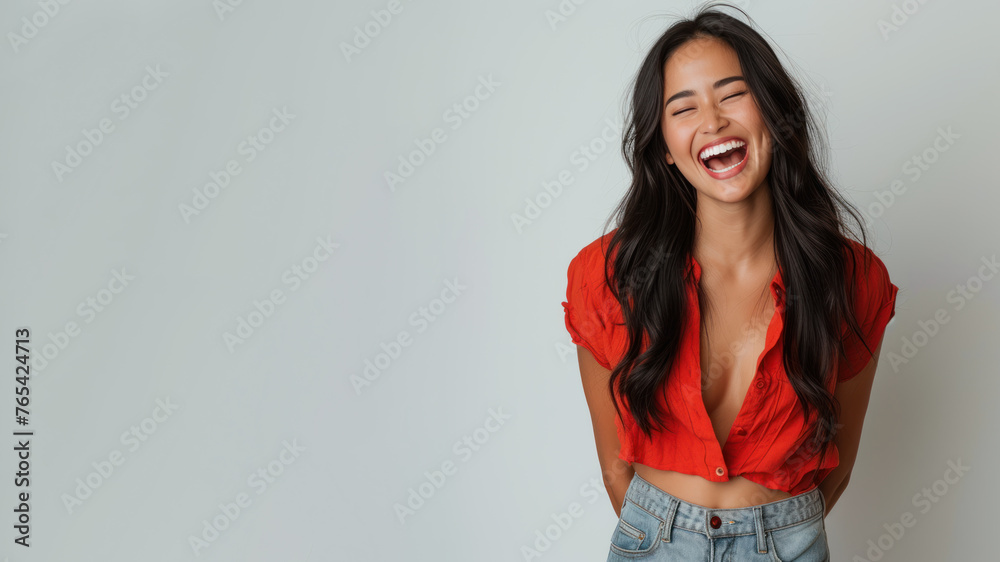 Fototapeta premium Malay woman wearing red shirt smiling laugh out loud isolated on grey