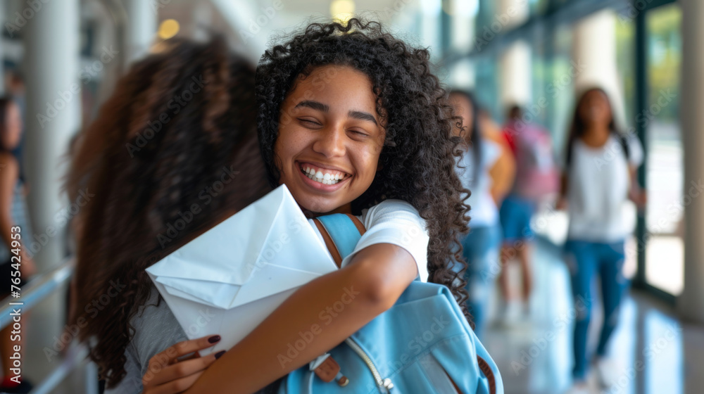 A smiling woman with curly hair engages in a cheerful conversation with a friend. A smiling woman with curly hair engages in a cheerful conversation with a friend.