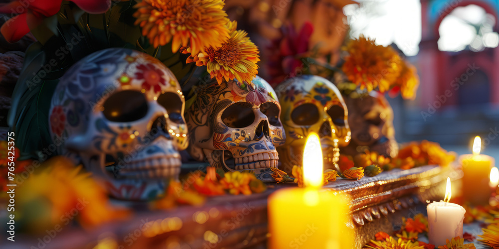 Multiple sugar skulls set up for Dia de los Muertos, surrounded by bright flowers and candles