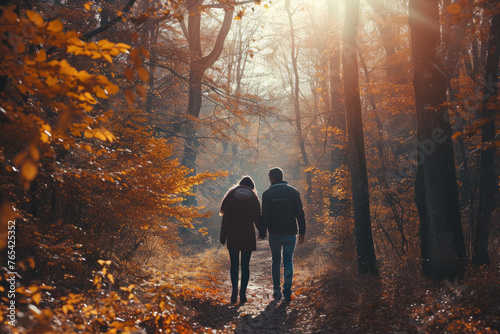 Couple's Autumn Stroll: Walking Hand in Hand Through a Forest Path