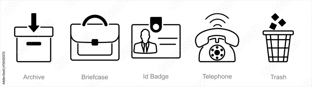 A set of 5 Office icons as archive, briefcase, id badge - obrazy, fototapety, plakaty 