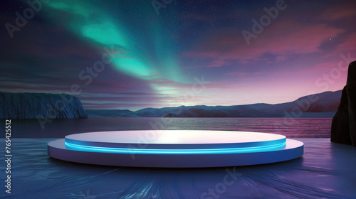 Northern lights with green shades, stepped wooden platform with neon blue lights, beautiful lake with rocks, night time. Terrace for outdoor recreation. Selling attractive advertising background.