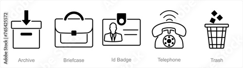 A set of 5 Office icons as archive, briefcase, id badge