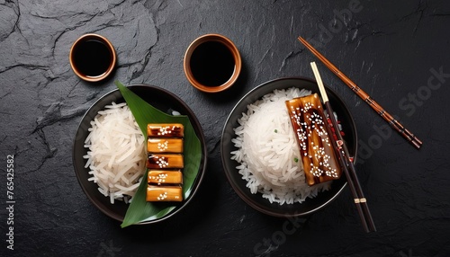 Noodles and rice on bamboo leaves with teriyaki sauce, soy sauce, wooden steamer and chopsticks over dark texture backround