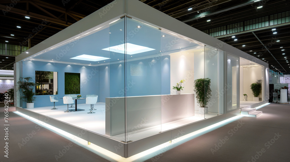 A beautiful exhibition stand in the form of a room with an interior in beige and light colors for presentation. Lighting, white ceiling, modular texture of materials, modern furniture. Creative design A beautiful exhibition stand in the form of a room with an interior in beige and light colors for presentation. Lighting, white ceiling, modular texture of materials, modern furniture. Creative design