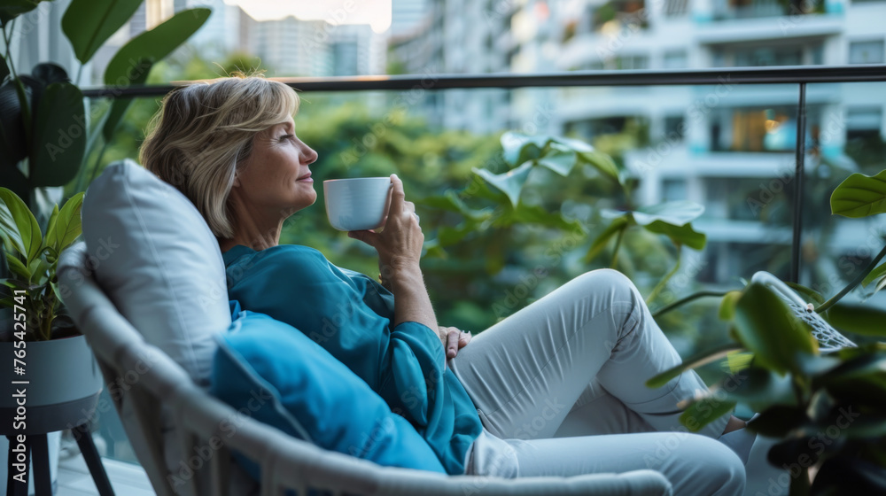 A serene woman in a light blue top is sitting comfortably on a balcony with a hot drink, surrounded by urban high-rise buildings. - obrazy, fototapety, plakaty 