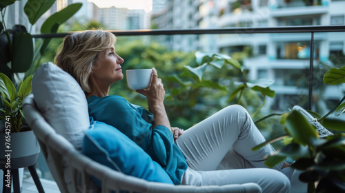 A serene woman in a light blue top is sitting comfortably on a balcony with a hot drink, surrounded by urban high-rise buildings. photo