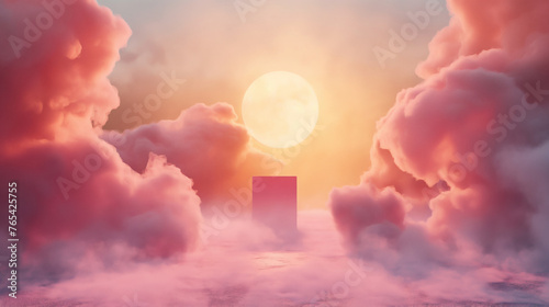 Advertising composition for presentation and promotion of goods. Flat vertical geometric elements and epic sunset clouds and sun. Pink, blue and yellow are calming colors.