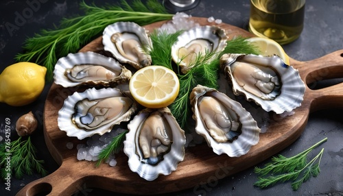 Opened oysters on a cutting Board with white wine, a bunch of dill and lemon slices. On dark rustic background