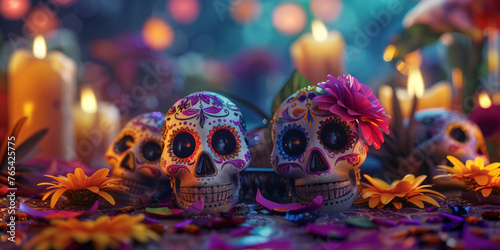 A close-up of beautifully decorated sugar skulls amidst a dazzling floral arrangement under atmospheric lighting photo