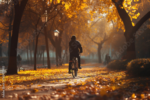 Cyclist Riding on a Path Covered with Autumn Leaves in a City Park
