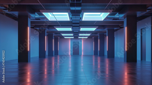 Fantastic room of the future with columns, corridors and simple design. Dynamic lighting in blue and cyan tones. Interior and architecture. Creative image. Gaming and commercial location. © Denflow