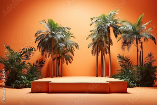 Empty podium for demonstration and installation of product on orange background with palm trees and tropical plants and sunlight  on theme of relaxation and travel to tropics  summer  beach resort.