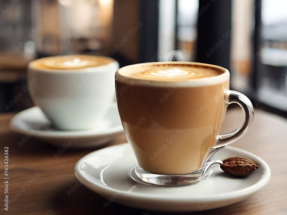 A cup of coffee with a leaf design on top of it. A cup of coffee with a leaf design on top of it.