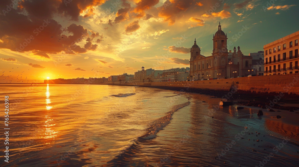 Sunset over sea, showcasing its iconic architecture and charming cityscape against the backdrop of a fiery sky Sunset over sea, showcasing its iconic architecture and charming cityscape against the backdrop of a fiery sky