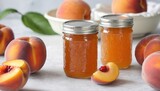 Peach vanilla jam with fresh peaches on table