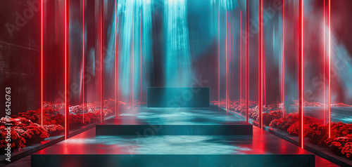 Podium in a red room with a laser show and projection of rose flowers on the walls. Background for magazine covers, concert articles and visual effects. Epic price for dancing. Concerts and events.