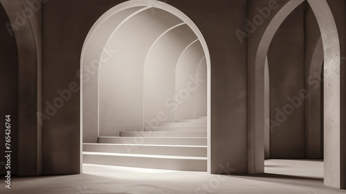 A room with steps leading to the top and arches for the presentation and placement of advertising  people  products  goods. Dark space with neutral beige lighting. Minimalistic style  matte materials.