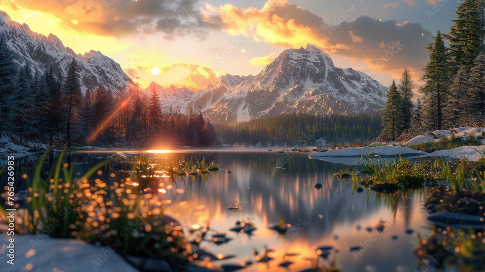 Mountain Lake Sunset Sunrise Sky Reflection Landscape Nature Scenery