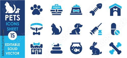 Pets and vet flat icons set. Pet food, pet shop, vaccination and so on. Flat pet icons set.
