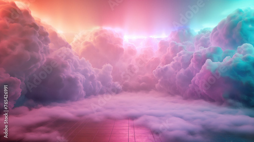 A surreal landscape with fluffy clouds, geometric rods and spheres, and a warm-hued planet towering in the background. Fabulous fantasy space. photo