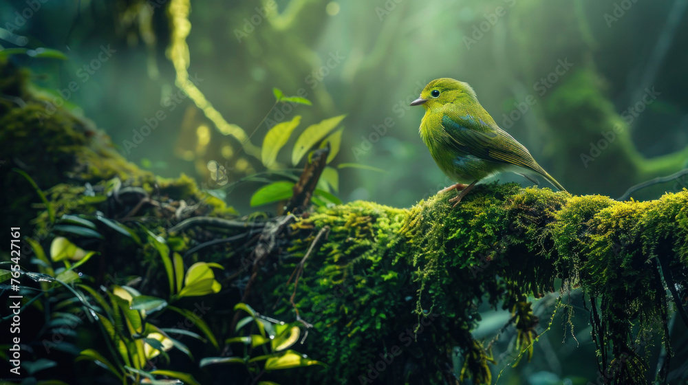 Green parrot perched on a branch in a vibrant natural setting - obrazy, fototapety, plakaty 