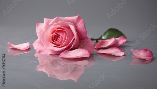 Pink rose petals on gray reflective background
