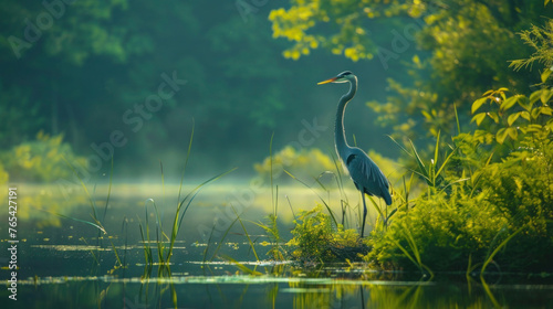 Great Blue Heron standing by the water in a tranquil park