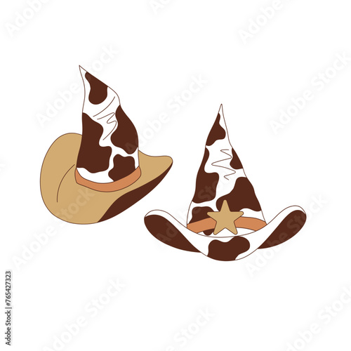 Groovy Western Halloween cow spots printed cowgirl sheriff witch hat costume vector illustration isolated on white. Hand drawn retro October 31 holiday howdy wild west aesthetic print poster postcard