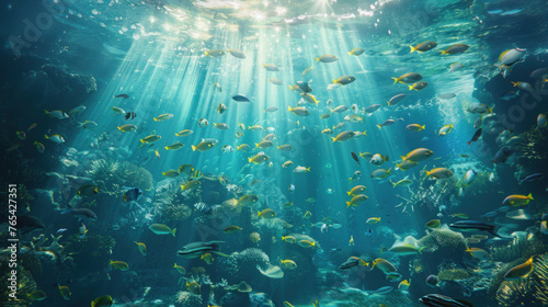 Underwater scene teeming with life  fish school around vibrant coral reef