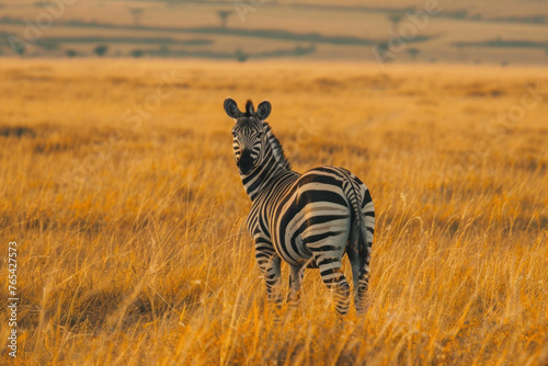 Zebra roaming the vast savannah, surrounded by wildlife and nature's beauty © Jeeraphat