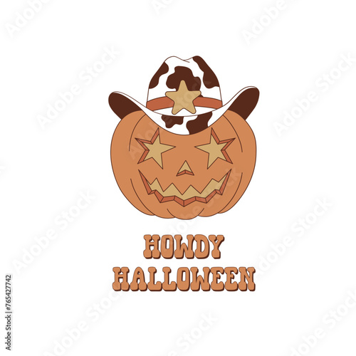 Groovy western Halloween pumpkin in cow spots printed sheriff or cowboy hat vector illustration isolated on white. Hand drawn retro October 31 holiday howdy wild west aesthetic print poster postcard